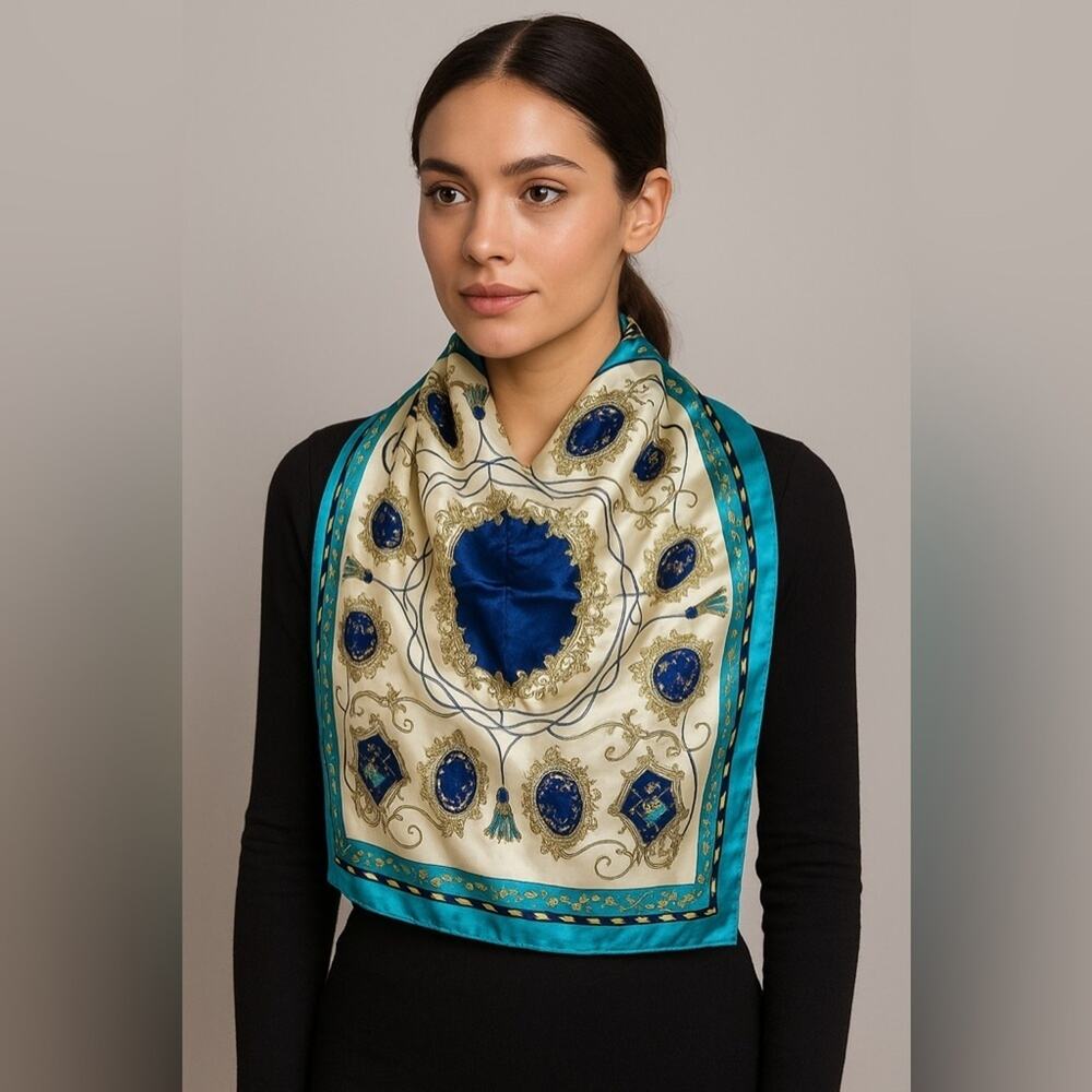 Women’s Chain Print Scarf 100% Polyester Square Silk Feel Blue Teal NWT